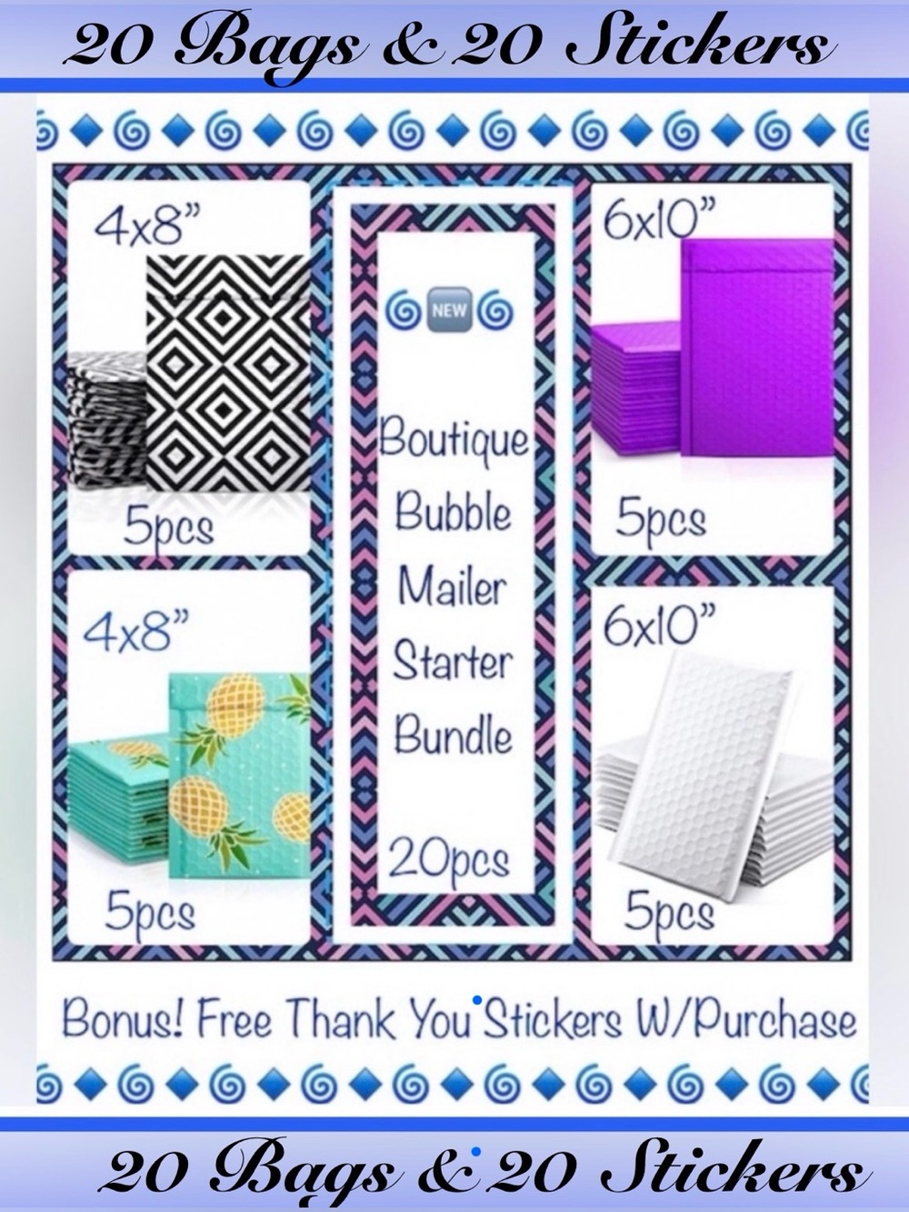 20ct Assorted Bubble Poly Mailers 🌀🆕🌀Boutique Starter Package⭐️20 TY Stickers
